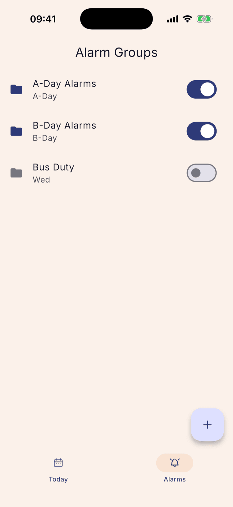 The Alarm Groups screen listing A-Day Alarms, B-Day Alarms, and a switched-off Bus Duty group, with a + button at the bottom right.