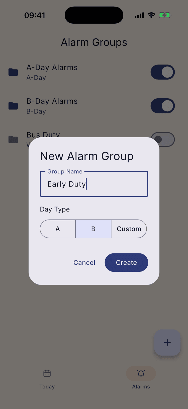 The Day Type control in the New Alarm Group dialog, a segmented button of A, B and Custom, with B selected.