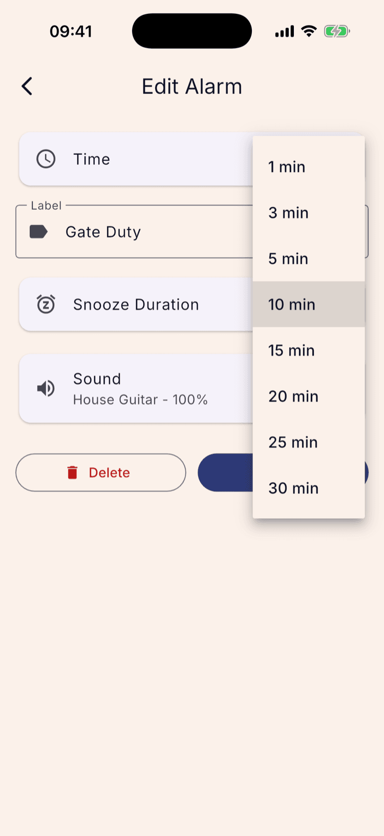 The Snooze Duration dropdown open over the Edit Alarm screen, listing 1, 3, 5, 10, 15, 20, 25 and 30 min, with 10 min highlighted.