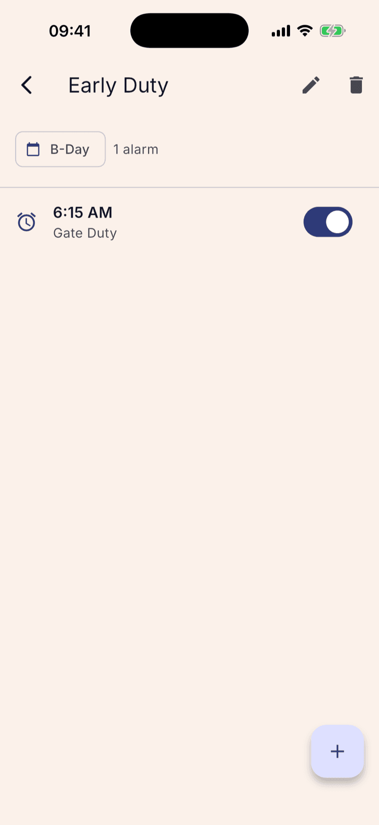 The Early Duty group showing a single 6:15 AM alarm labelled Gate Duty, switched on.