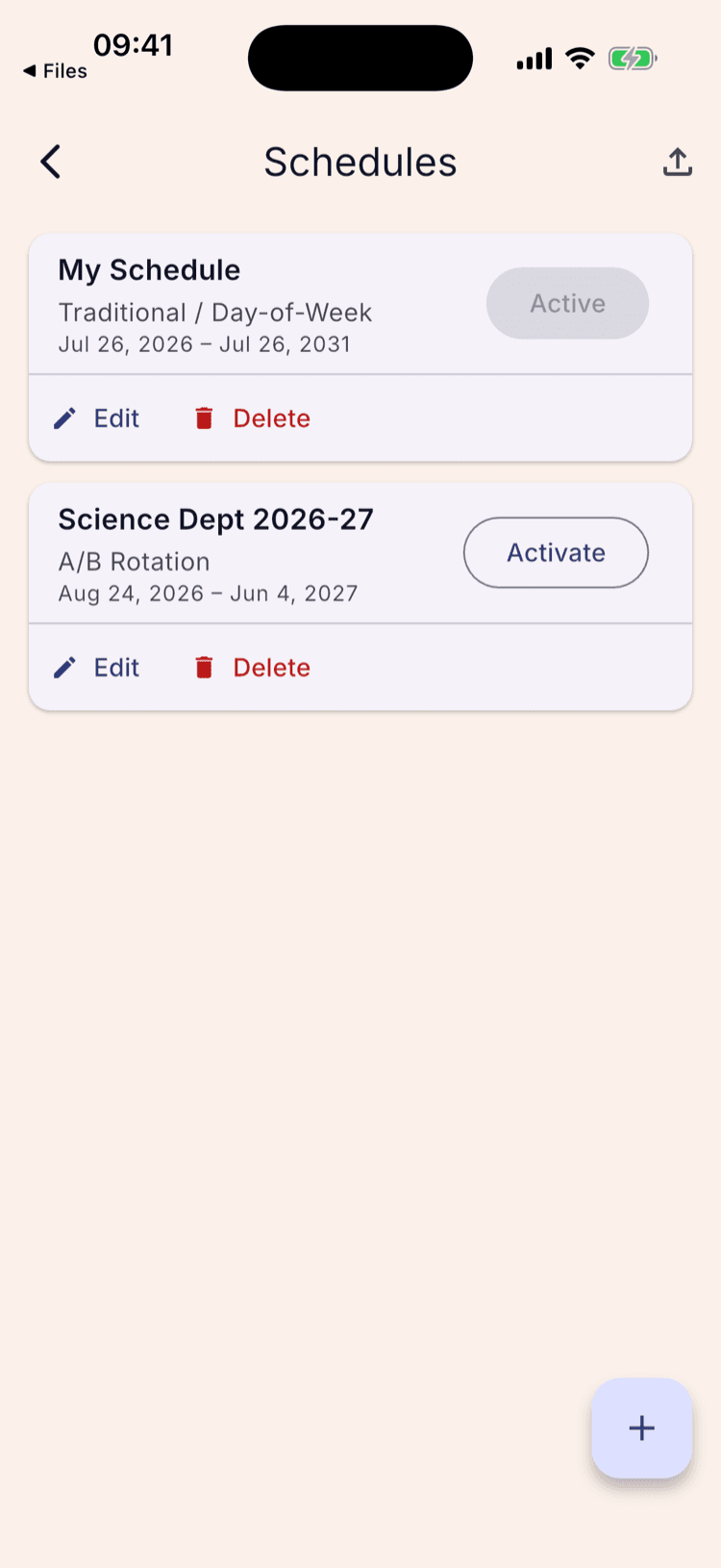 The Schedules screen listing two schedules: “My Schedule”, marked Active, and the imported “Science Dept 2026-27” A/B Rotation with an Activate button.