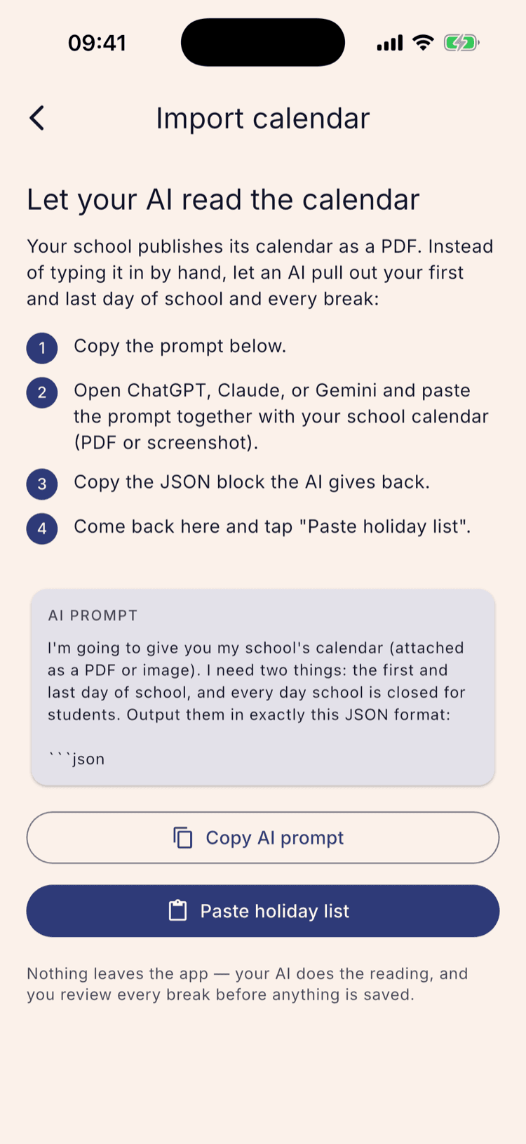The Import calendar screen, headed “Let your AI read the calendar”, showing four numbered steps, a card with the AI prompt text, and Copy AI prompt and Paste holiday list buttons.