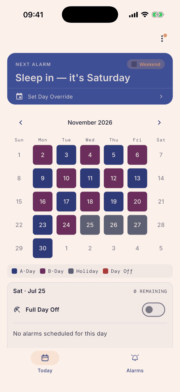 The home calendar for November 2026 with Nov 25–27 shaded grey as a holiday, Nov 24 a B-Day, and Nov 30 back as an A-Day.