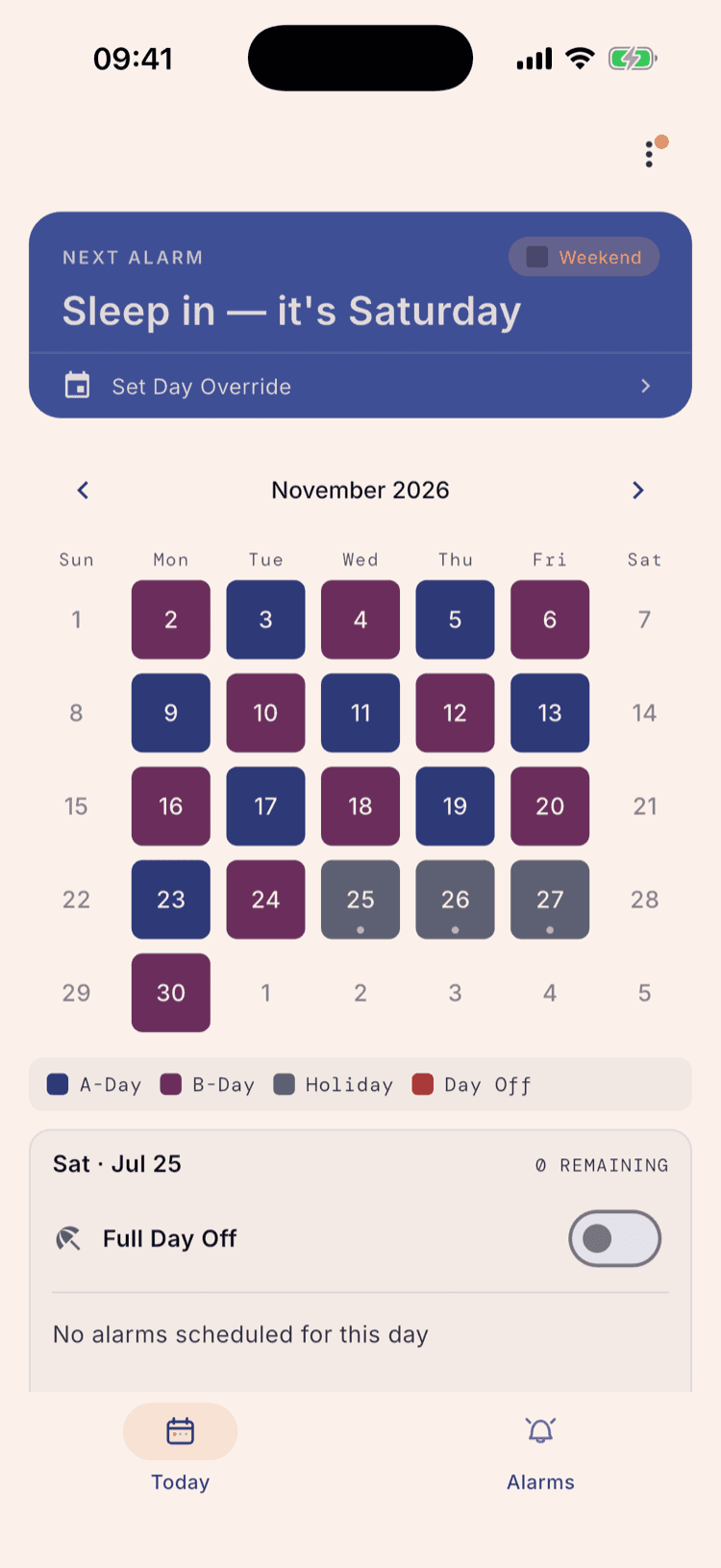 The same November 2026 calendar with the break set to Continue: Nov 25–27 still grey, but Nov 30 is now a B-Day instead of an A-Day.