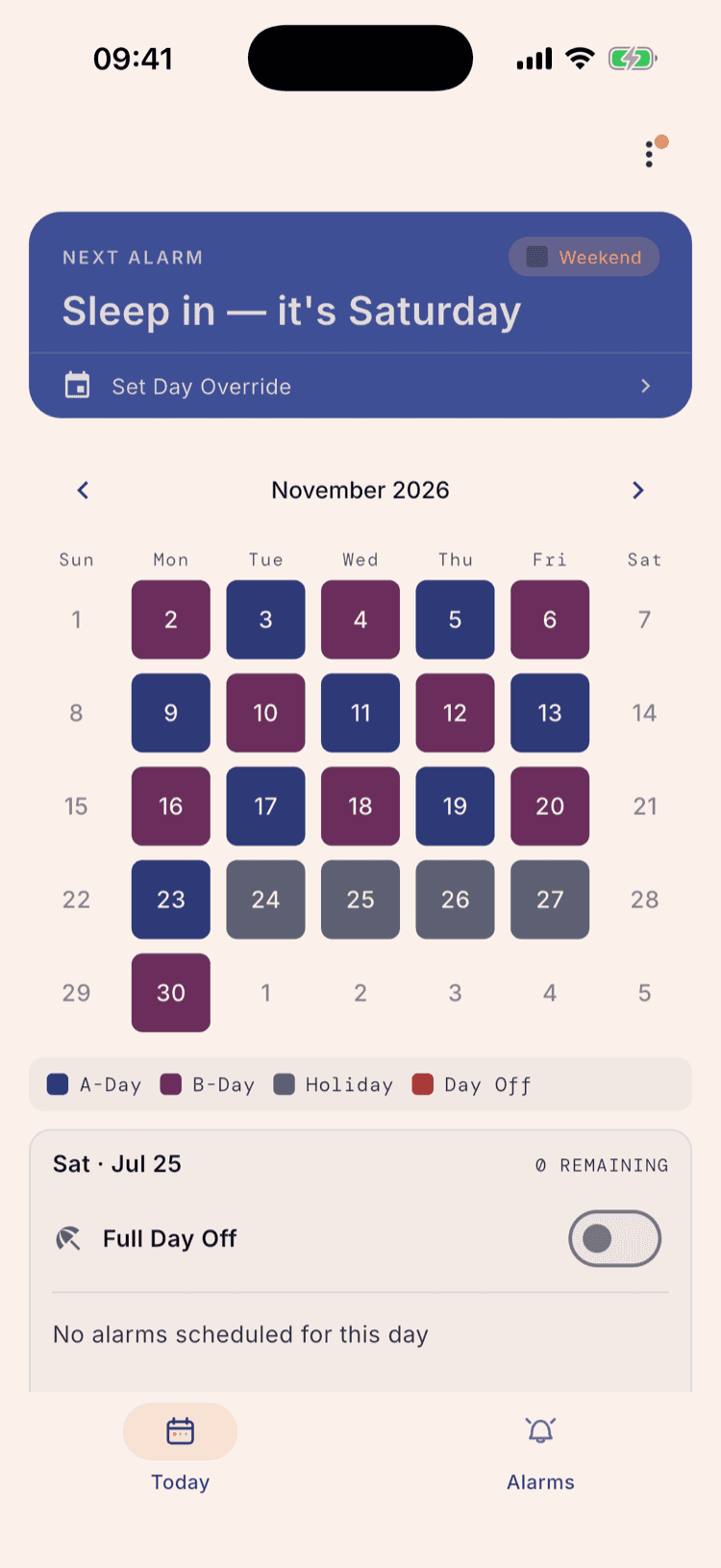 The November 2026 calendar with the break moved to Nov 24–27, still on Pause: Nov 23 is an A-Day and Nov 30 comes back as a B-Day.