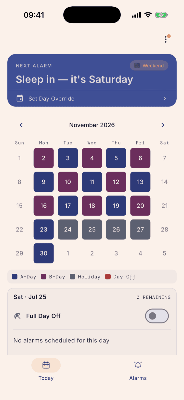 The same Nov 24–27 break set to Reset: Nov 30 is back to an A-Day instead of the B-Day Pause produced.