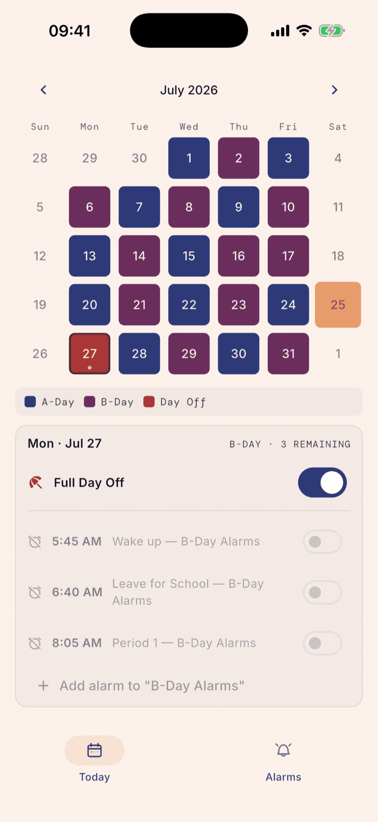The same day panel with Full Day Off switched on: all three alarms greyed out with crossed-out bells, and the July 27 calendar square now red.