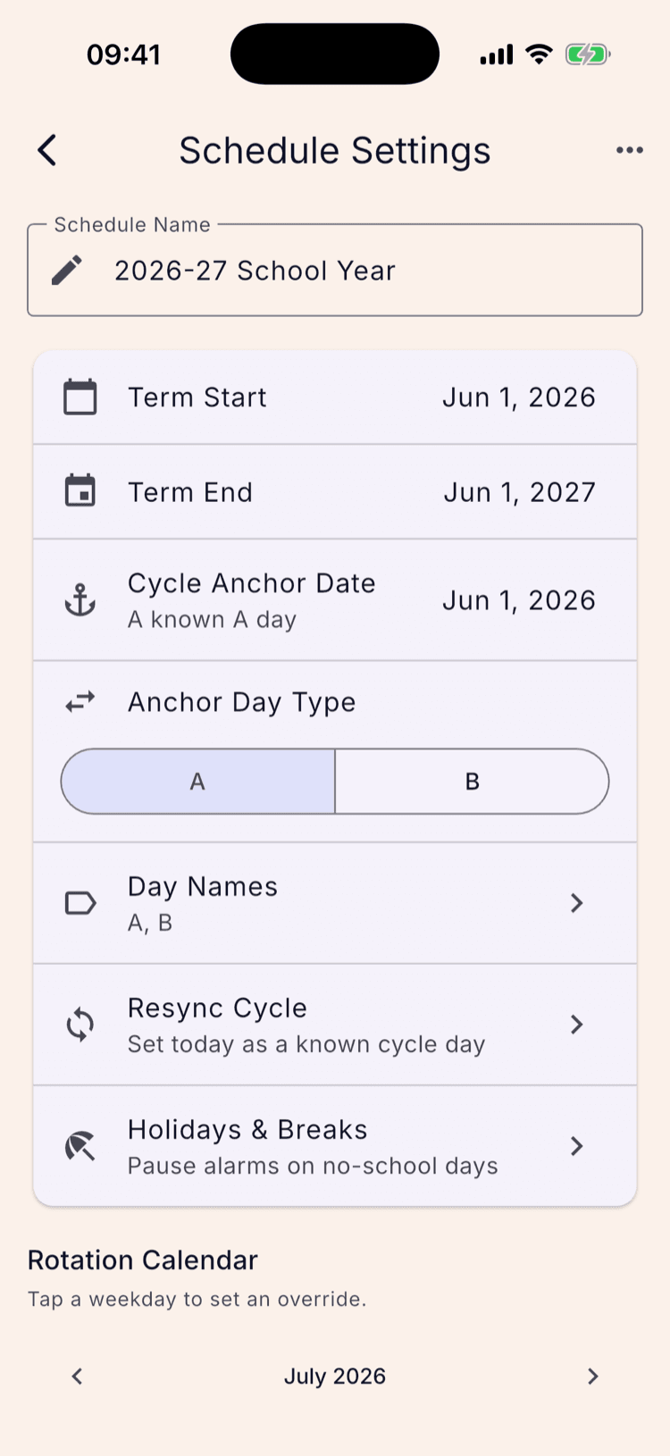 The Schedule Settings screen showing term dates, cycle anchor, day names, Resync Cycle, and a Holidays & Breaks row at the bottom.