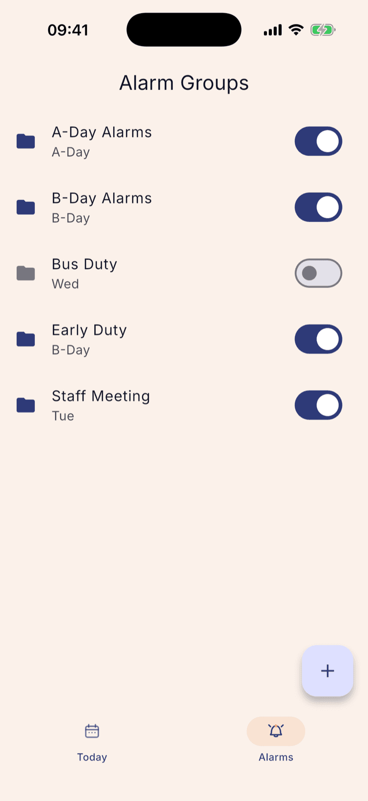 The Alarm Groups list showing A-Day Alarms and B-Day Alarms labelled by day type, alongside Bus Duty labelled Wed and a new Staff Meeting group labelled Tue.