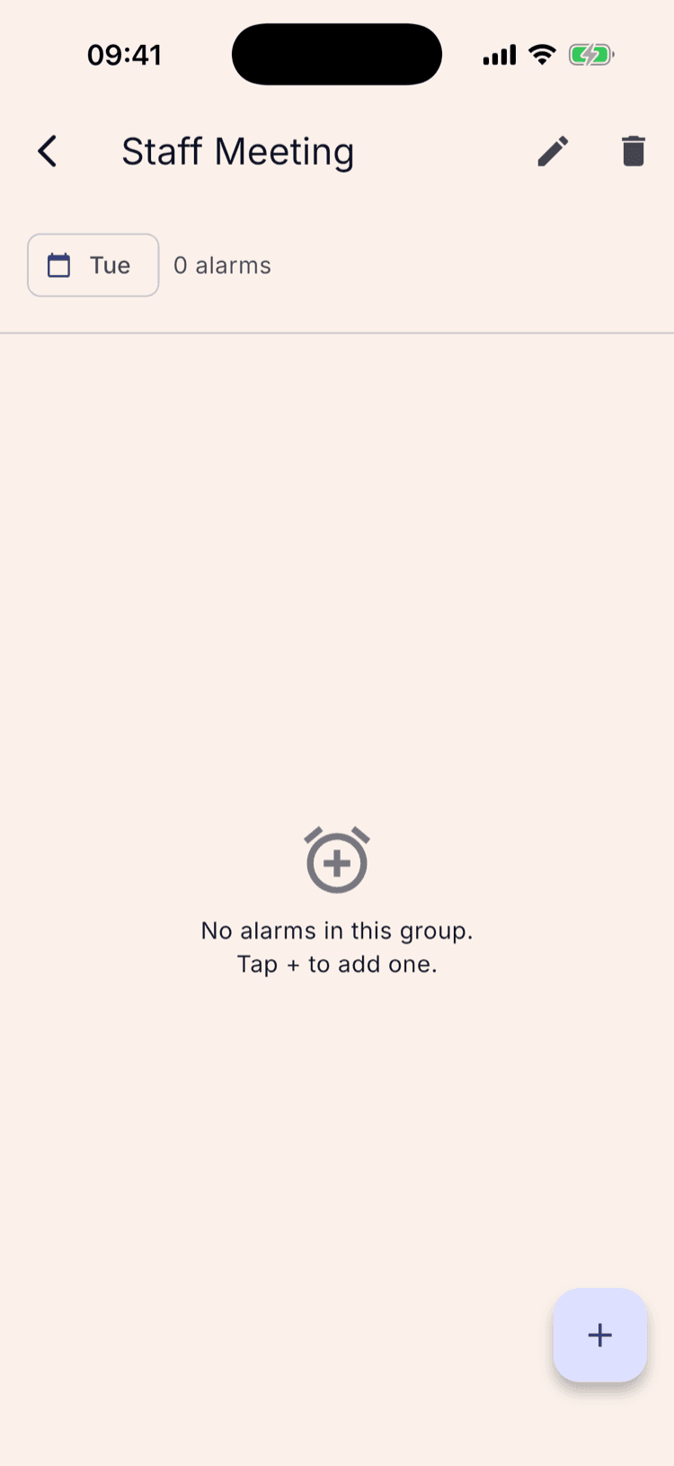 The Staff Meeting group screen, headed by a Tue chip and 0 alarms.