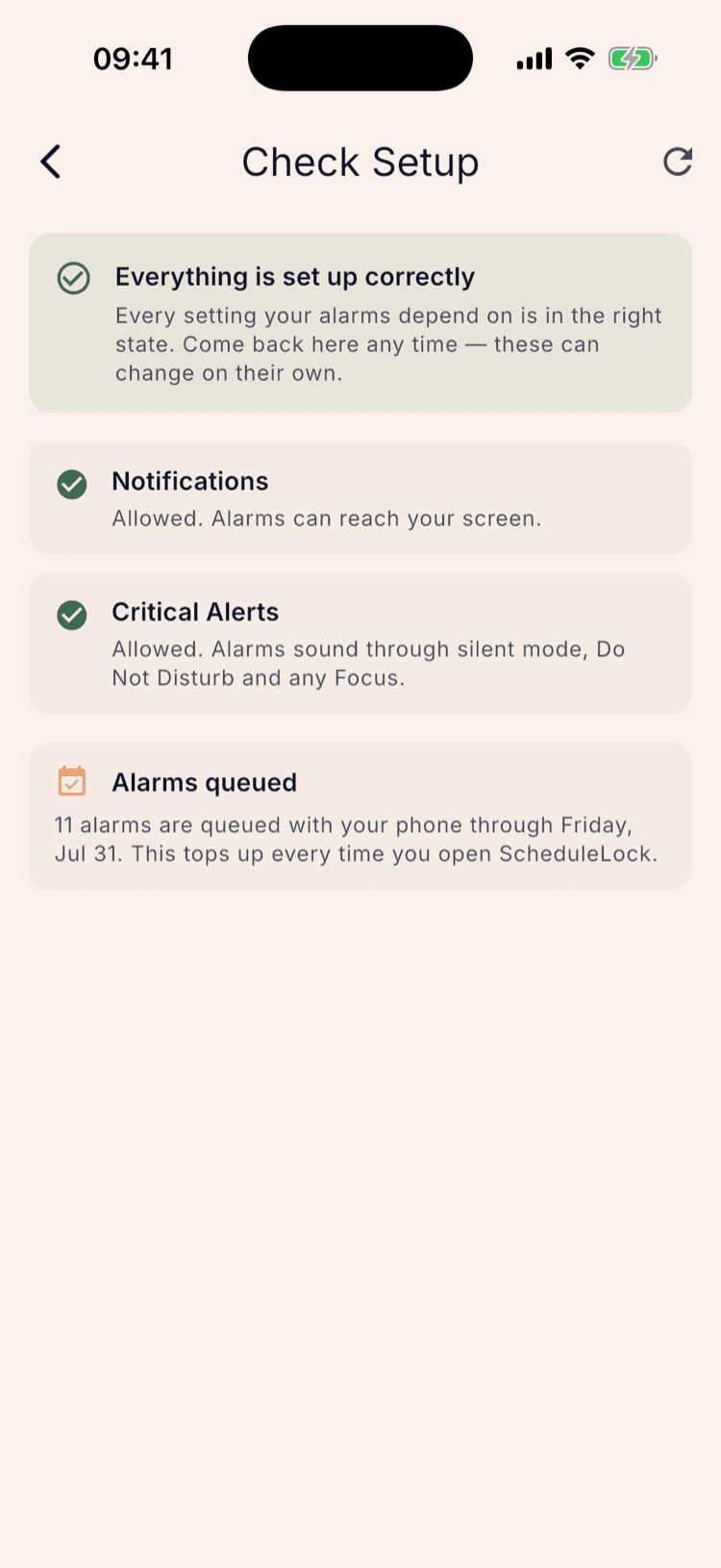 The Check Setup screen with a green summary box reading “Everything is set up correctly”, then a Notifications row reading “Allowed. Alarms can reach your screen.”, a Critical Alerts row reading “Allowed. Alarms sound through silent mode, Do Not Disturb and any Focus.”, and an Alarms queued card reading “11 alarms are queued with your phone through Friday, Jul 31.”