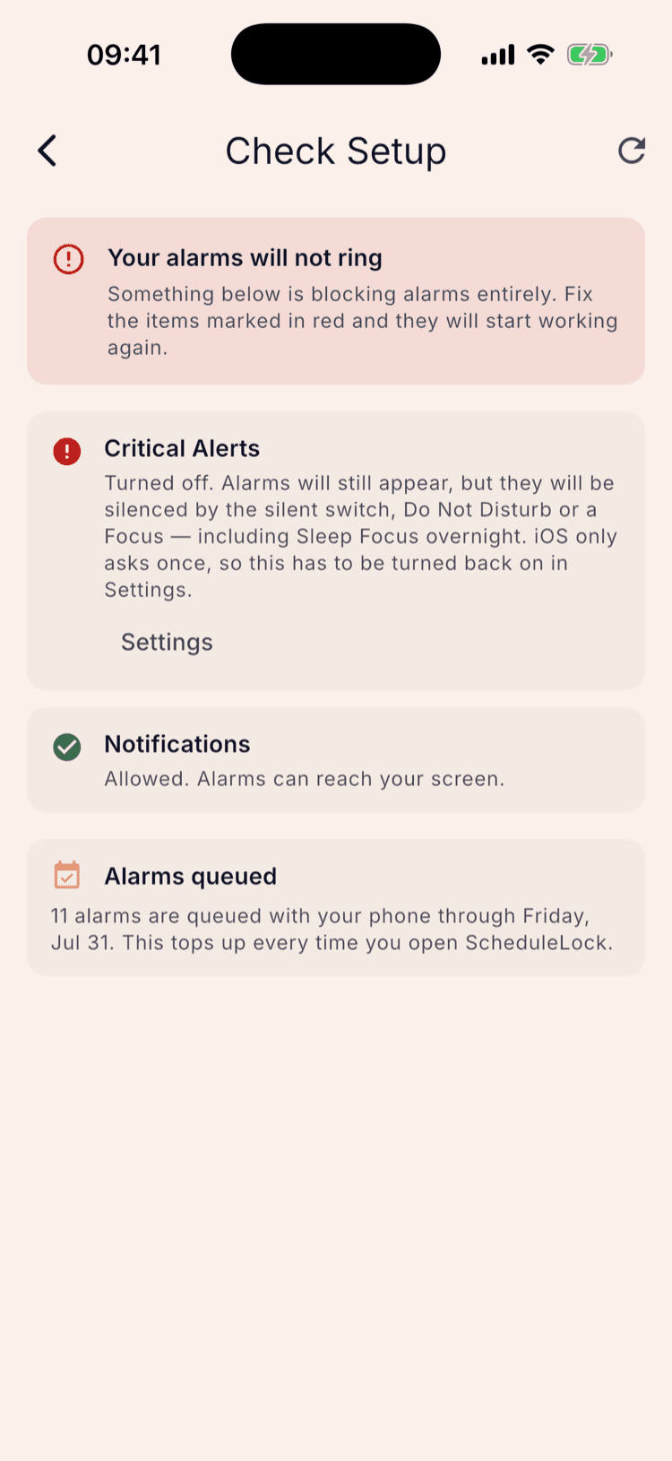 The same Check Setup screen in a failed state: a red summary box reading “Your alarms will not ring”, and below it a Critical Alerts row marked with a red icon, reading “Turned off. Alarms will still appear, but they will be silenced by the silent switch, Do Not Disturb or a Focus”, with a Settings button beneath it. The green Notifications row now sits below it.