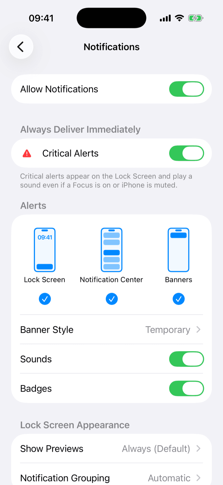 The iPhone notification settings for ScheduleLock: Allow Notifications switched on, a section headed “Always Deliver Immediately” with Critical Alerts switched on and the explanation that critical alerts appear on the Lock Screen and play a sound even if a Focus is on or iPhone is muted, then Lock Screen, Notification Center and Banners all ticked, with Sounds and Badges on.