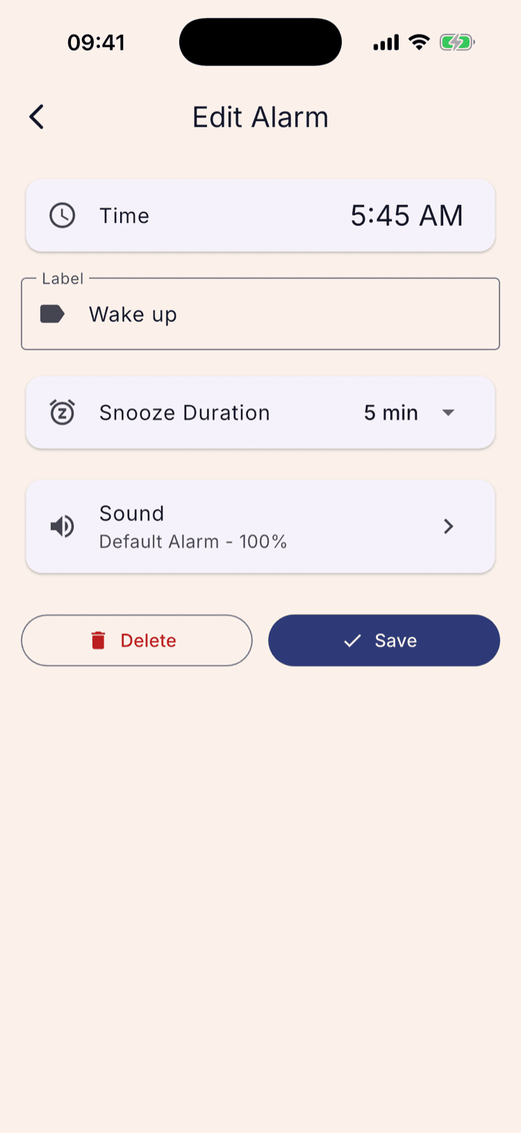 The Edit Alarm screen showing Time 5:45 AM, the label “Wake up”, Snooze Duration 5 min, and a Sound row reading “Default Alarm - 100%”.