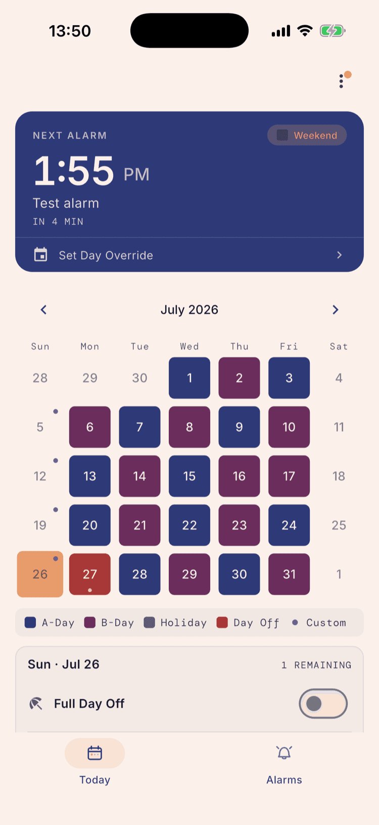 The home screen hero reading “NEXT ALARM — 1:55 PM — Test alarm — IN 4 MIN” with a Weekend chip in its corner, above the July 2026 calendar.