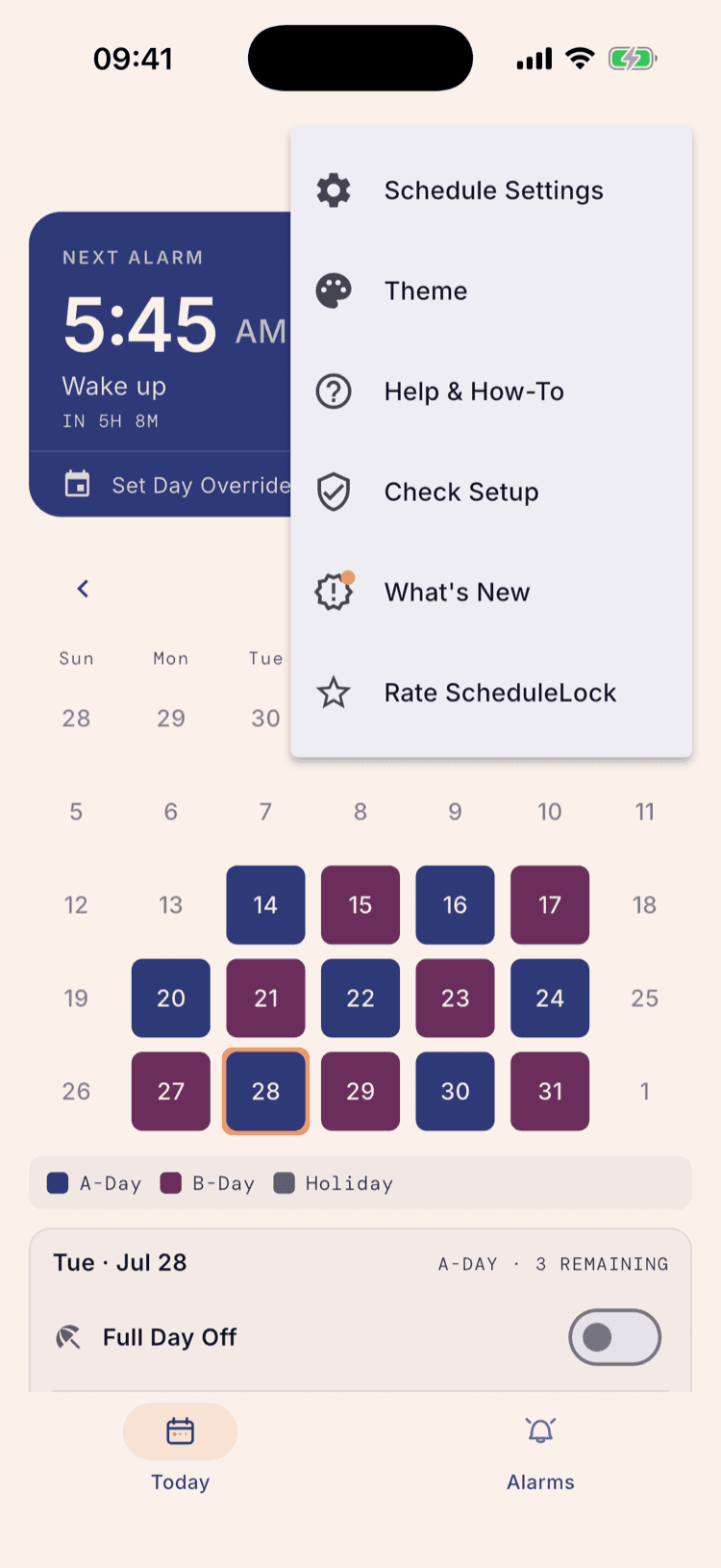 The home screen with the overflow menu open, showing Schedule Settings, Theme, Help & How-To, Check Setup, What's New, and Rate ScheduleLock.