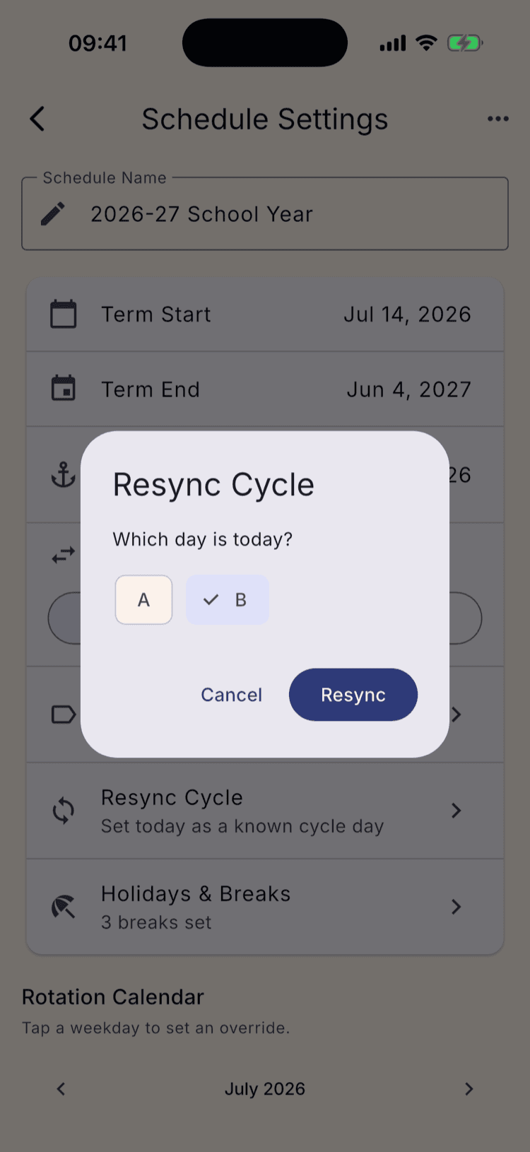 The Resync Cycle dialog asking “Which day is today?” with A and B chips, B selected, and Cancel and Resync buttons.