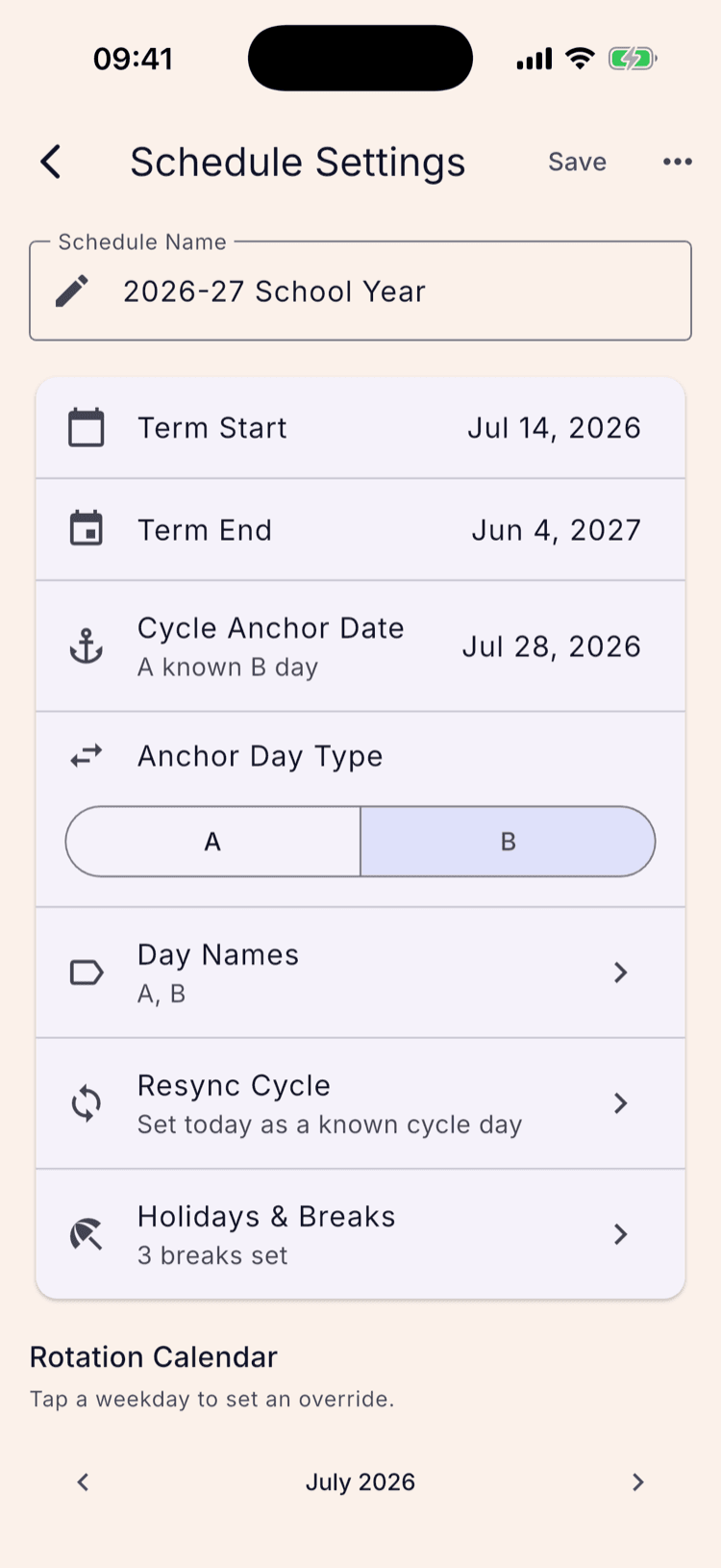 The Schedule Settings screen after resyncing: a Save button has appeared in the top right, Cycle Anchor Date now reads Jul 28 2026 marked as a known B day, and Anchor Day Type has switched to B.