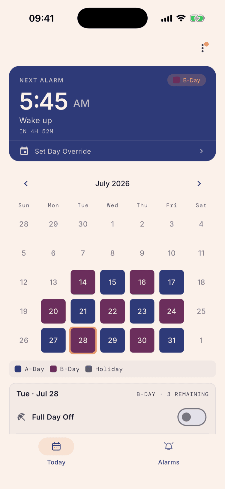 The home screen after the resync, with a B-Day chip on the next-alarm card, the July calendar's day types reversed from step 1, and the day panel reading Tue, Jul 28 with B-DAY.