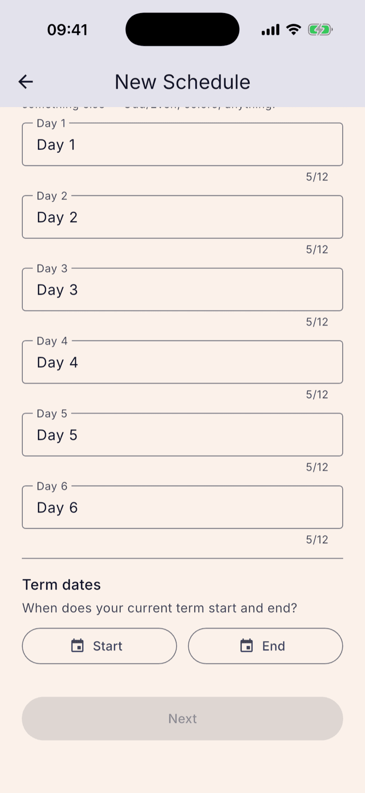 Six text fields labelled Day 1 to Day 6, each containing its default name and showing a 5/12 character count, with the Term dates section beginning underneath.