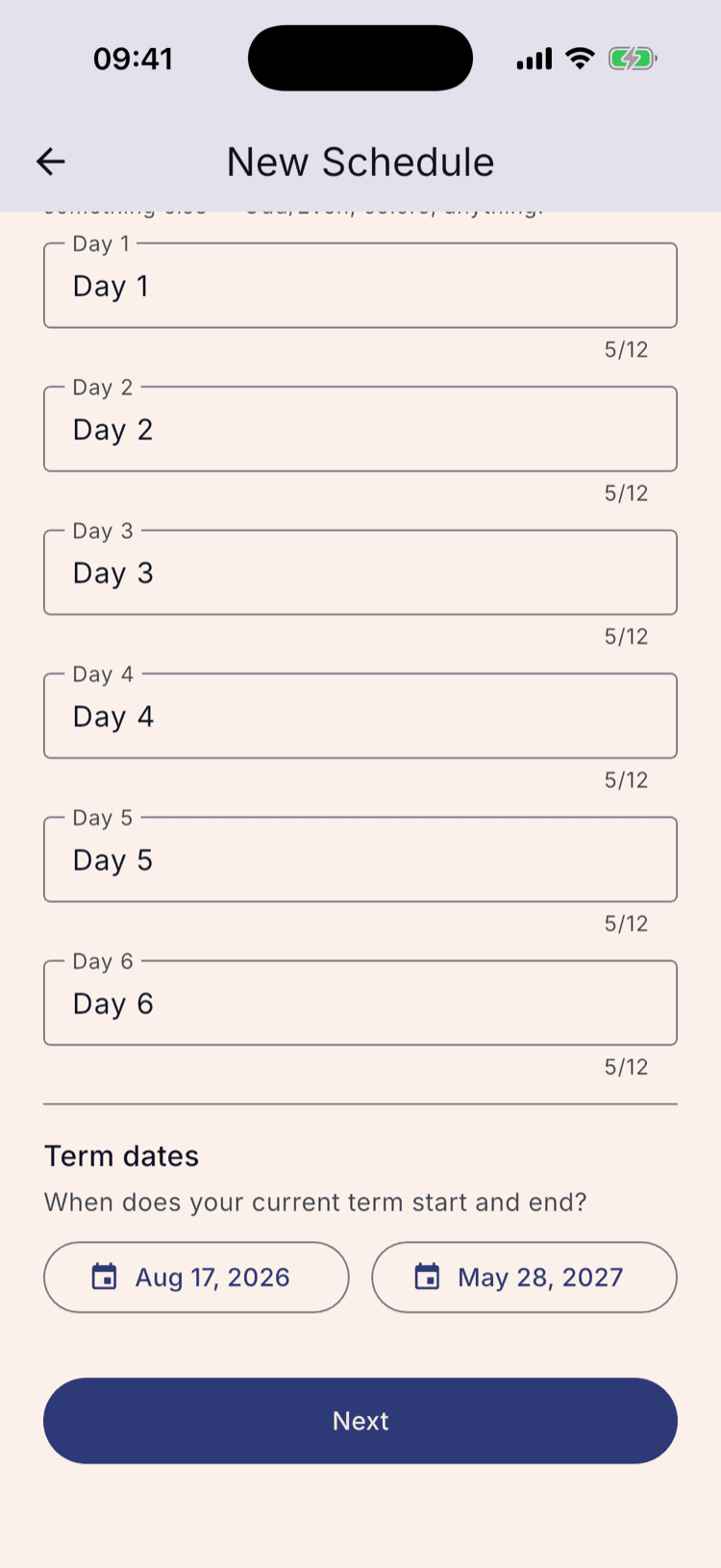 The Term dates section with Start reading “Aug 17, 2026” and End reading “May 28, 2027”, and the Next button now filled in and enabled.