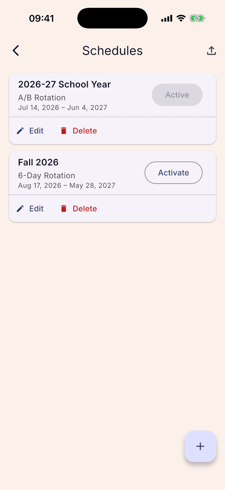 The Schedules list showing “2026-27 School Year” marked Active above a new card reading “Fall 2026 — 6-Day Rotation — Aug 17, 2026 – May 28, 2027” with an Activate button.
