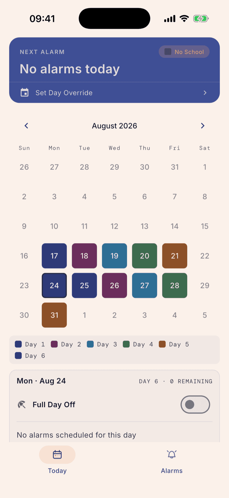 The home calendar on August 2026 with school days coloured by day type and a key reading Day 1 to Day 6. Monday the 24th is selected, and the panel below reads “Mon · Aug 24 — DAY 6 · 0 REMAINING”, even though its colour matches Day 1 above it.