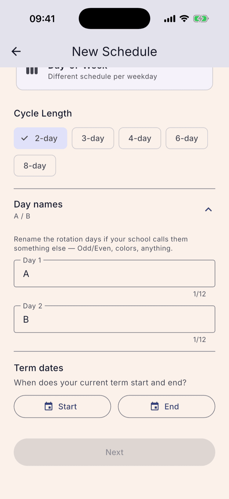 The Cycle Length row with 2-day selected among 3-, 4-, 6- and 8-day options, and the Day names section expanded to show editable fields reading A and B.
