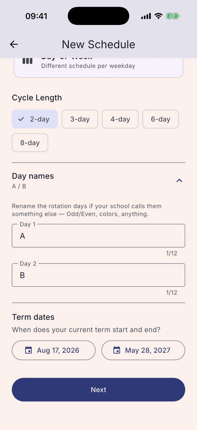 The Term dates section with Start set to Aug 17, 2026 and End set to May 28, 2027, and the Next button below now enabled.