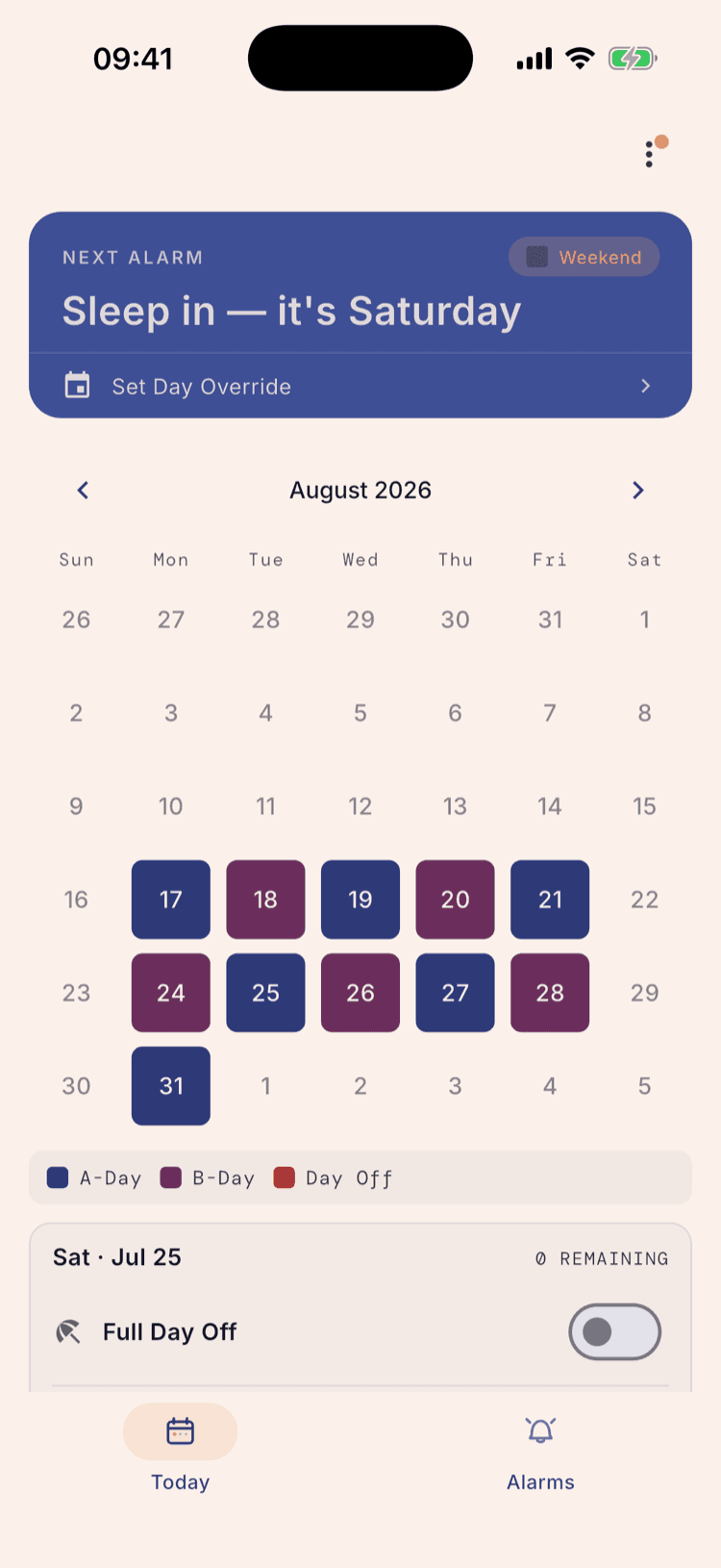 The home calendar on August 2026: Aug 17 through 21 alternate A-Day and B-Day starting with A, and the following Monday Aug 24 is a B-Day. Days before the 17th are blank.